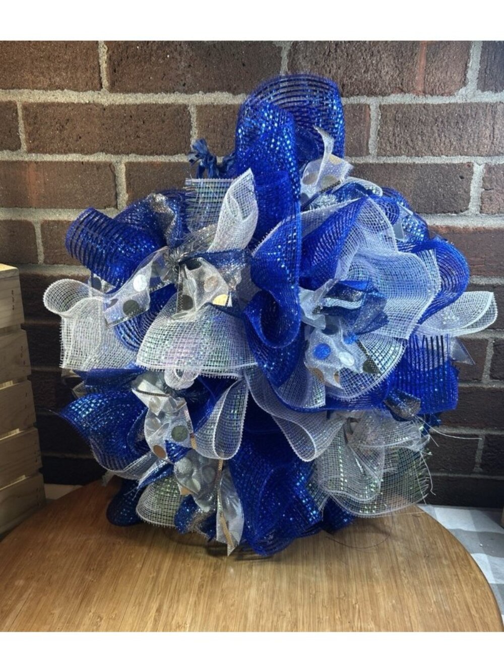 Door Wreath/Centerpiece Mesh: Blue-Silver and White 19" Handmade with Sparkle
